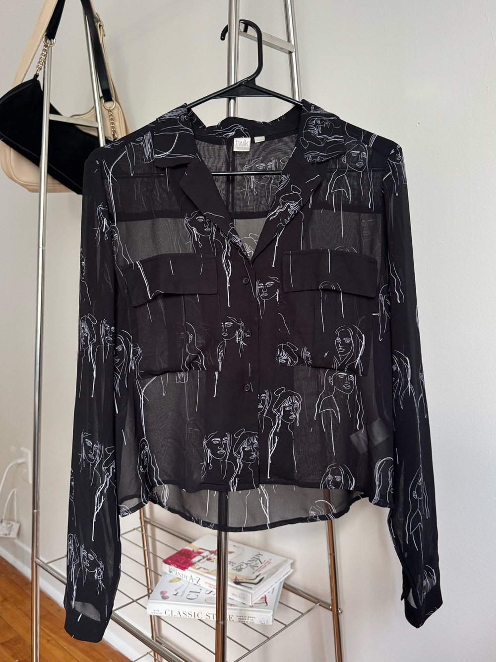 twik Black Sheer Illustration-Print Button Blouse Simon’s